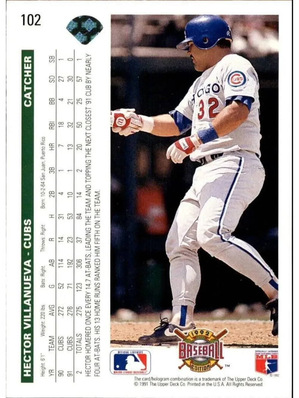 Hector Villanueva 1992 Upper Deck MLB #102 Baseball Card Chicago Cubs